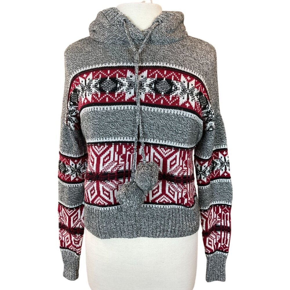 Yet Again LS Snowflake Cropped Sweater Pom Pom Tie Fleece Hood Jrs M Gray & Red